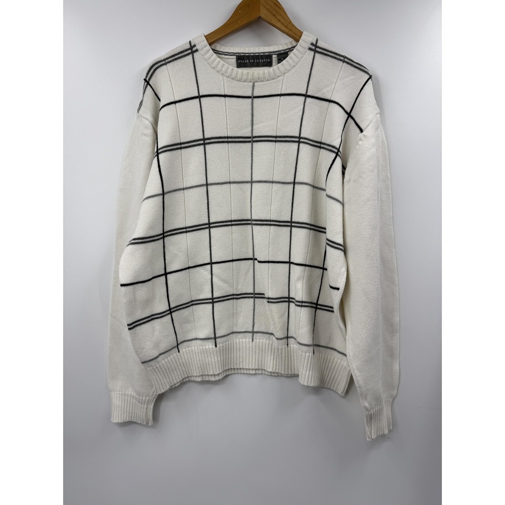 Oscar De La Renta Sweater Mens XL White Windowpane Check Cotton‎ Crewneck Knit